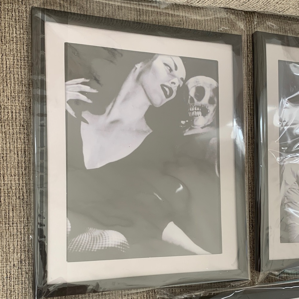 3 Black & White Halloween Art Print Set Vampira w skull, Bride of Frankenstein - Picture 3 of 16